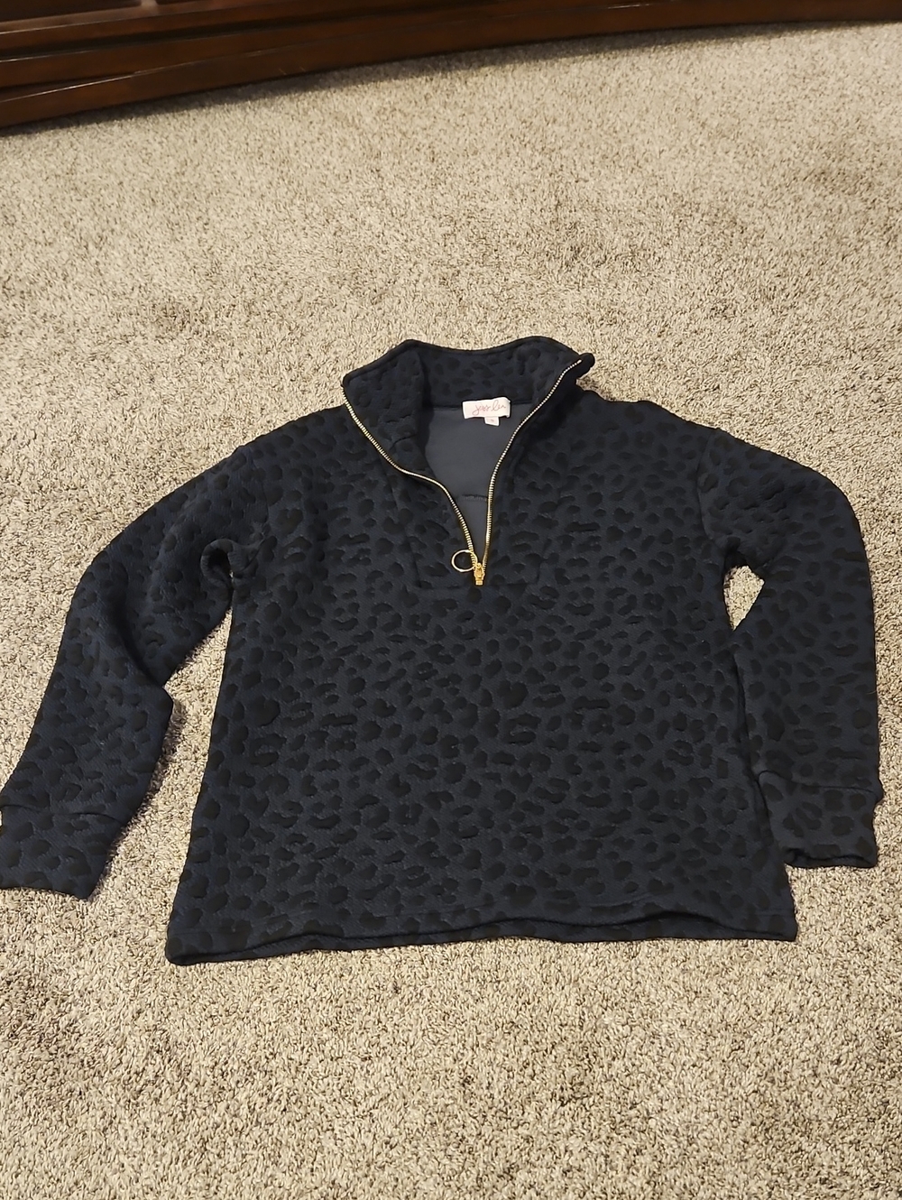 Jess Lea Navy Leopard Quarter-Zip Pullover with Gold Zip Up. Small, Can Fit Med